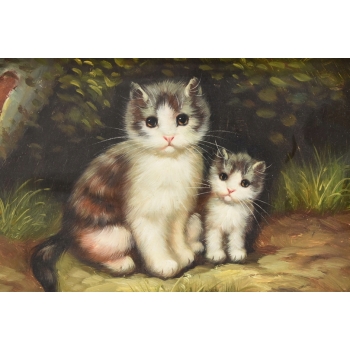 Rodzina Kotów - Dwa Małe Kocury Kotki - Obraz Olejny Zdobiona Rama