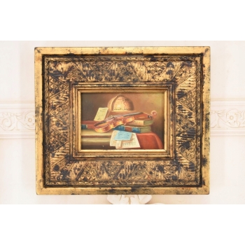 Martwa Natura - Skrzypce Globus Książki Na Stole Obraz Olejny Zdobiona Rama