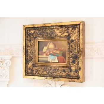 Martwa Natura - Skrzypce Globus Książki Na Stole Obraz Olejny Zdobiona Rama