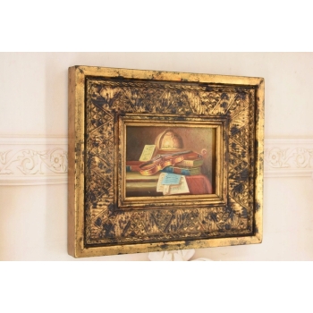 Martwa Natura - Skrzypce Globus Książki Na Stole Obraz Olejny Zdobiona Rama