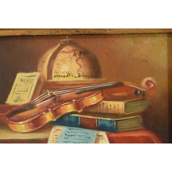Martwa Natura - Skrzypce Globus Książki Na Stole Obraz Olejny Zdobiona Rama