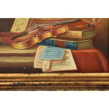 Martwa Natura - Skrzypce Globus Książki Na Stole Obraz Olejny Zdobiona Rama