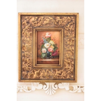Kwiaty w Wazonie Na Stole - Martwa Natura - Obraz Olejny Zdobiona Rama