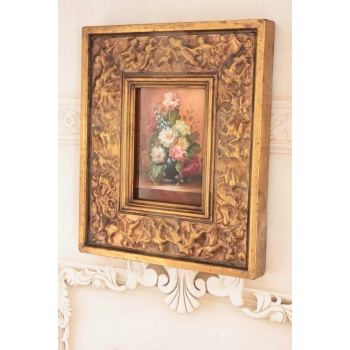 Kwiaty w Wazonie Na Stole - Martwa Natura - Obraz Olejny Zdobiona Rama