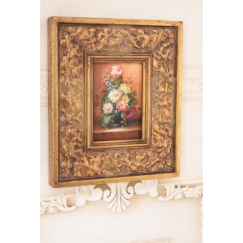 Kwiaty w Wazonie Na Stole - Martwa Natura - Obraz Olejny Zdobiona Rama