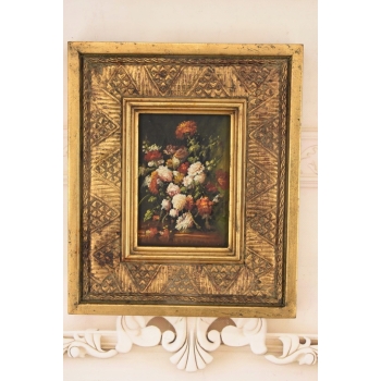 Kwiaty w Wazonie Na Stole - Martwa Natura - Obraz Olejny Złota Rama