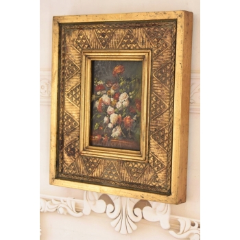 Kwiaty w Wazonie Na Stole - Martwa Natura - Obraz Olejny Złota Rama