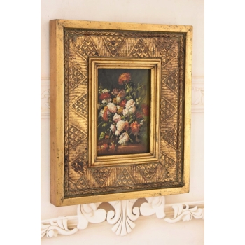 Kwiaty w Wazonie Na Stole - Martwa Natura - Obraz Olejny Złota Rama