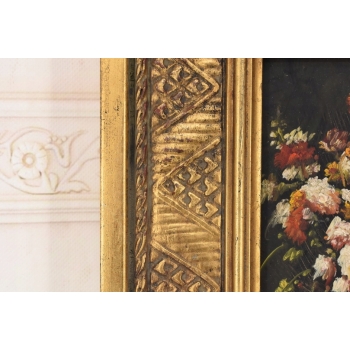 Kwiaty w Wazonie Na Stole - Martwa Natura - Obraz Olejny Złota Rama