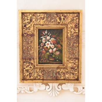 Wazon z Kolorowymi Kwiatami - Martwa Natura - Obraz Olejny Zdobiona Rama