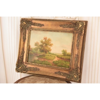 Letni Pejzaż - Rzeka Przy Łące - Natura - Obraz Olejny Zdobiona Rama