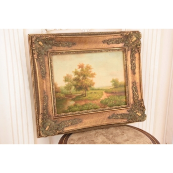 Letni Pejzaż - Rzeka Przy Łące - Natura - Obraz Olejny Zdobiona Rama