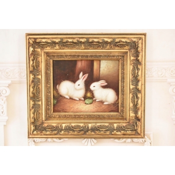 Scena Rodzajowa - Dwa Białe Króliki w Zagrodzie - Królik - Obraz Olejny