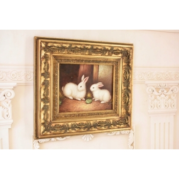 Scena Rodzajowa - Dwa Białe Króliki w Zagrodzie - Królik - Obraz Olejny
