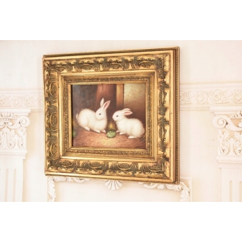 Scena Rodzajowa - Dwa Białe Króliki w Zagrodzie - Królik - Obraz Olejny