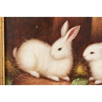 Scena Rodzajowa - Dwa Białe Króliki w Zagrodzie - Królik - Obraz Olejny