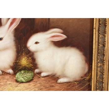 Scena Rodzajowa - Dwa Białe Króliki w Zagrodzie - Królik - Obraz Olejny