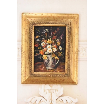 Obraz Olejny Martwa Natura Kwiaty na Stole Złota Rama ZDOBIONA