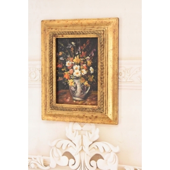 Obraz Olejny Martwa Natura Kwiaty na Stole Złota Rama ZDOBIONA