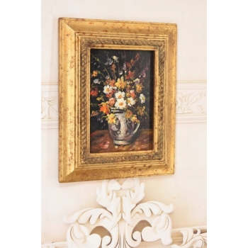 Obraz Olejny Martwa Natura Kwiaty na Stole Złota Rama ZDOBIONA