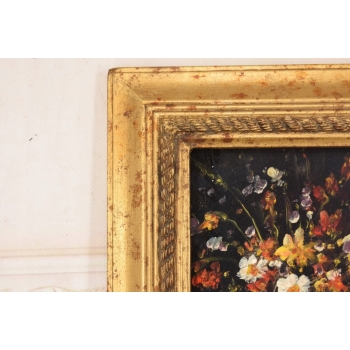 Obraz Olejny Martwa Natura Kwiaty na Stole Złota Rama ZDOBIONA