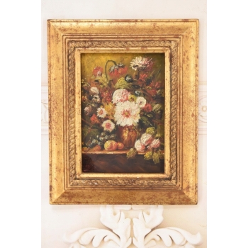 Kolorowe Kwiaty w Wazonie - Martwa Natura Obraz Olejny Złota Zdobiona Rama