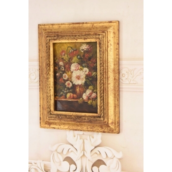 Kolorowe Kwiaty w Wazonie - Martwa Natura Obraz Olejny Złota Zdobiona Rama