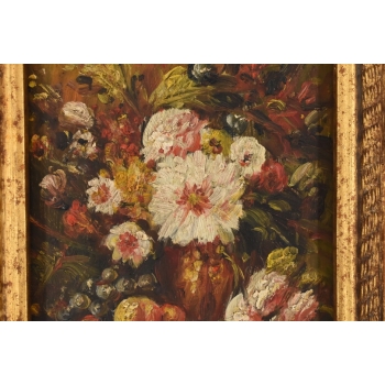 Kolorowe Kwiaty w Wazonie - Martwa Natura Obraz Olejny Złota Zdobiona Rama