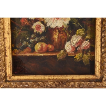 Kolorowe Kwiaty w Wazonie - Martwa Natura Obraz Olejny Złota Zdobiona Rama