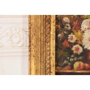 Kolorowe Kwiaty w Wazonie - Martwa Natura Obraz Olejny Złota Zdobiona Rama