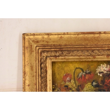 Kolorowe Kwiaty w Wazonie - Martwa Natura Obraz Olejny Złota Zdobiona Rama