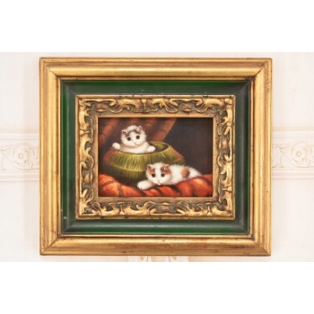 Scena Rodzajowa - Dwa Białe Kocury - Kot Kotek Obraz - Złoto Zielona Rama