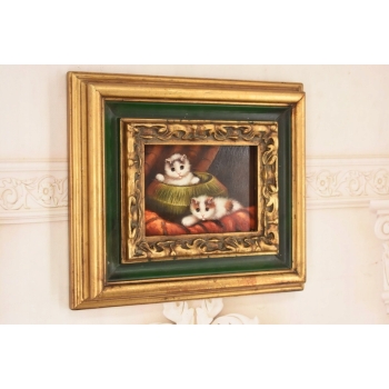 Scena Rodzajowa - Dwa Białe Kocury - Kot Kotek Obraz - Złoto Zielona Rama