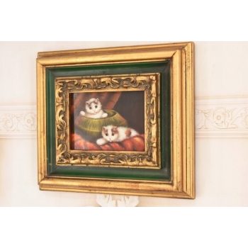 Scena Rodzajowa - Dwa Białe Kocury - Kot Kotek Obraz - Złoto Zielona Rama