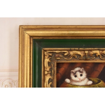 Scena Rodzajowa - Dwa Białe Kocury - Kot Kotek Obraz - Złoto Zielona Rama