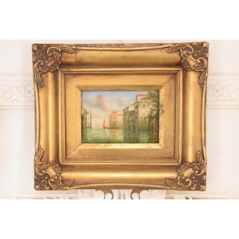 Włoskie Miasteczko Przy Wodzie - Wenecja Włochy - Obraz Olejny - Złota Rama