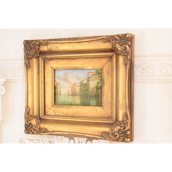 Włoskie Miasteczko Przy Wodzie - Wenecja Włochy - Obraz Olejny - Złota Rama