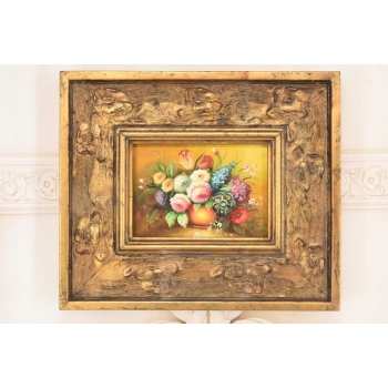 Kolorowe Kwiaty w Wazonie - Martwa Natura Obraz Olejny Złota Zdobiona Rama