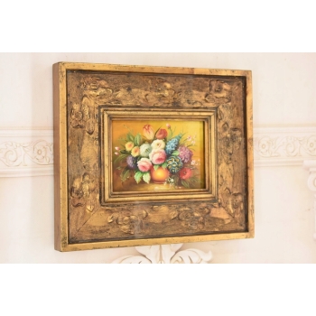 Kolorowe Kwiaty w Wazonie - Martwa Natura Obraz Olejny Złota Zdobiona Rama