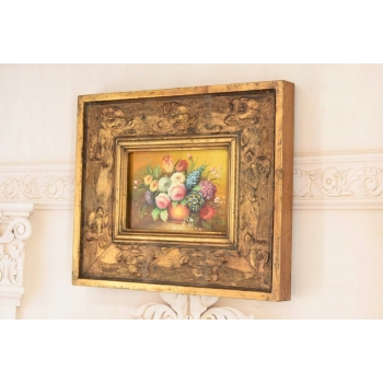 Kolorowe Kwiaty w Wazonie - Martwa Natura Obraz Olejny Złota Zdobiona Rama
