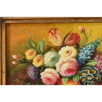 Kolorowe Kwiaty w Wazonie - Martwa Natura Obraz Olejny Złota Zdobiona Rama