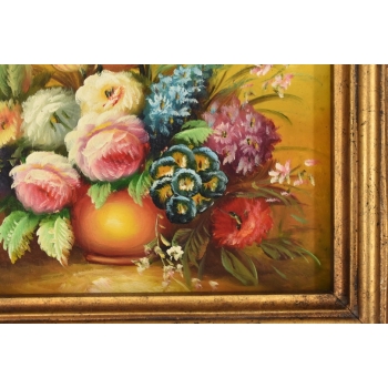 Kolorowe Kwiaty w Wazonie - Martwa Natura Obraz Olejny Złota Zdobiona Rama