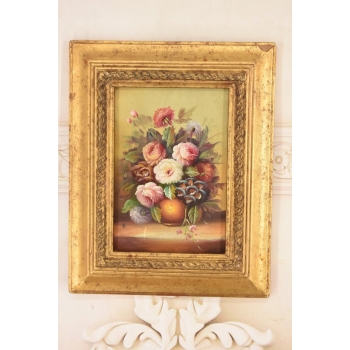 Kolorowe Kwiaty w Wazonie - Martwa Natura Obraz Olejny Złota Zdobiona Rama