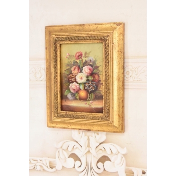 Kolorowe Kwiaty w Wazonie - Martwa Natura Obraz Olejny Złota Zdobiona Rama