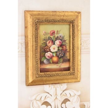 Kolorowe Kwiaty w Wazonie - Martwa Natura Obraz Olejny Złota Zdobiona Rama