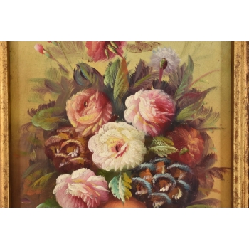 Kolorowe Kwiaty w Wazonie - Martwa Natura Obraz Olejny Złota Zdobiona Rama