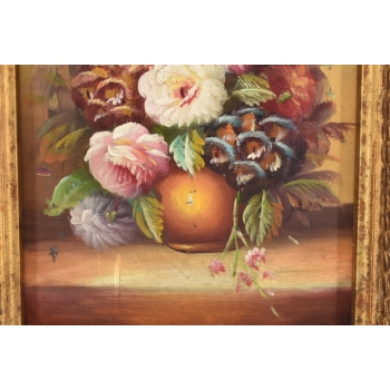 Kolorowe Kwiaty w Wazonie - Martwa Natura Obraz Olejny Złota Zdobiona Rama