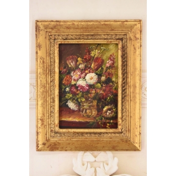 Wazon z Kolorowymi Kwiatami - Martwa Natura - Obraz Olejny Zdobiona Rama