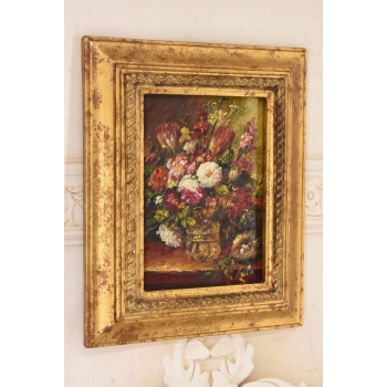 Wazon z Kolorowymi Kwiatami - Martwa Natura - Obraz Olejny Zdobiona Rama