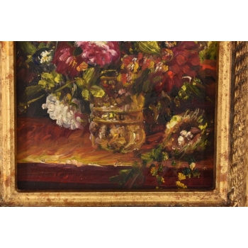 Wazon z Kolorowymi Kwiatami - Martwa Natura - Obraz Olejny Zdobiona Rama